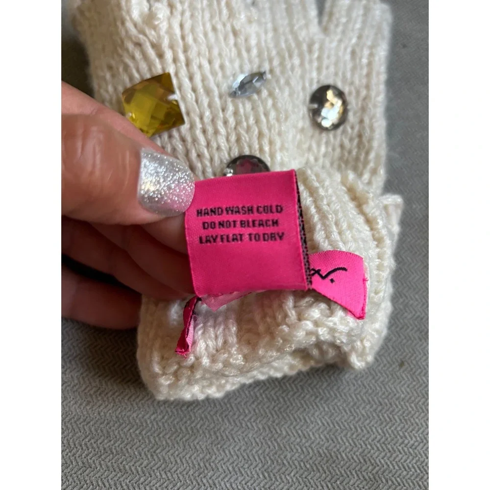 Betsey Johnson Ivory Knit Fingerless Gloves Rhinestone Embellished Gem‎ Cream OS